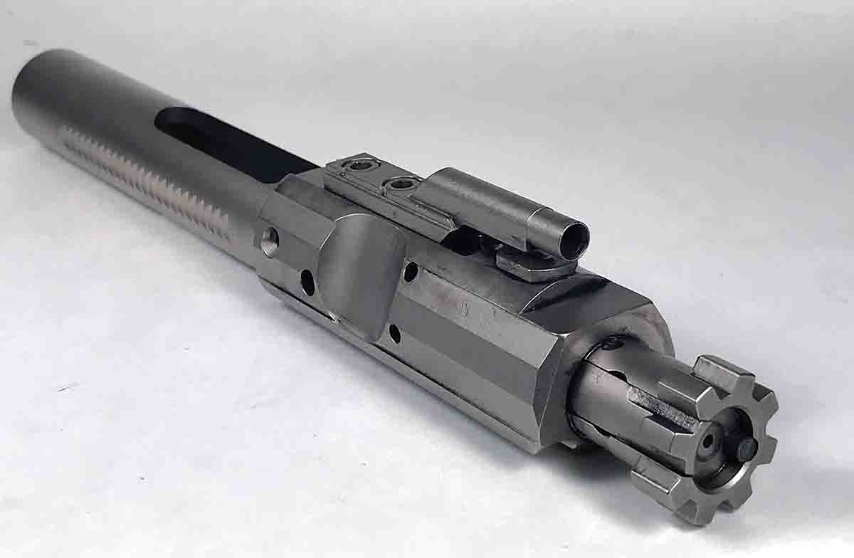 The rifle’s bolt and bolt carrier are machined from 9310 alloy steel and are nickel-boron coated. Fouling easily wipes off the coated metal.
